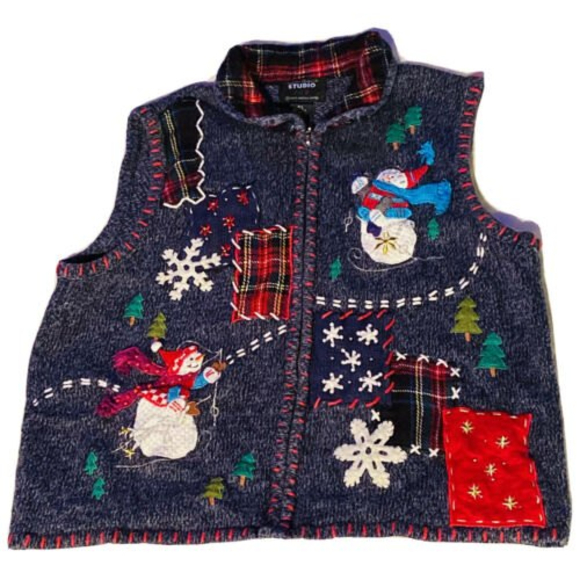 Christmas Vest Designers Originals Studio L Ugly Sweater Snowman Blue Patchwork - Picture 1 of 6